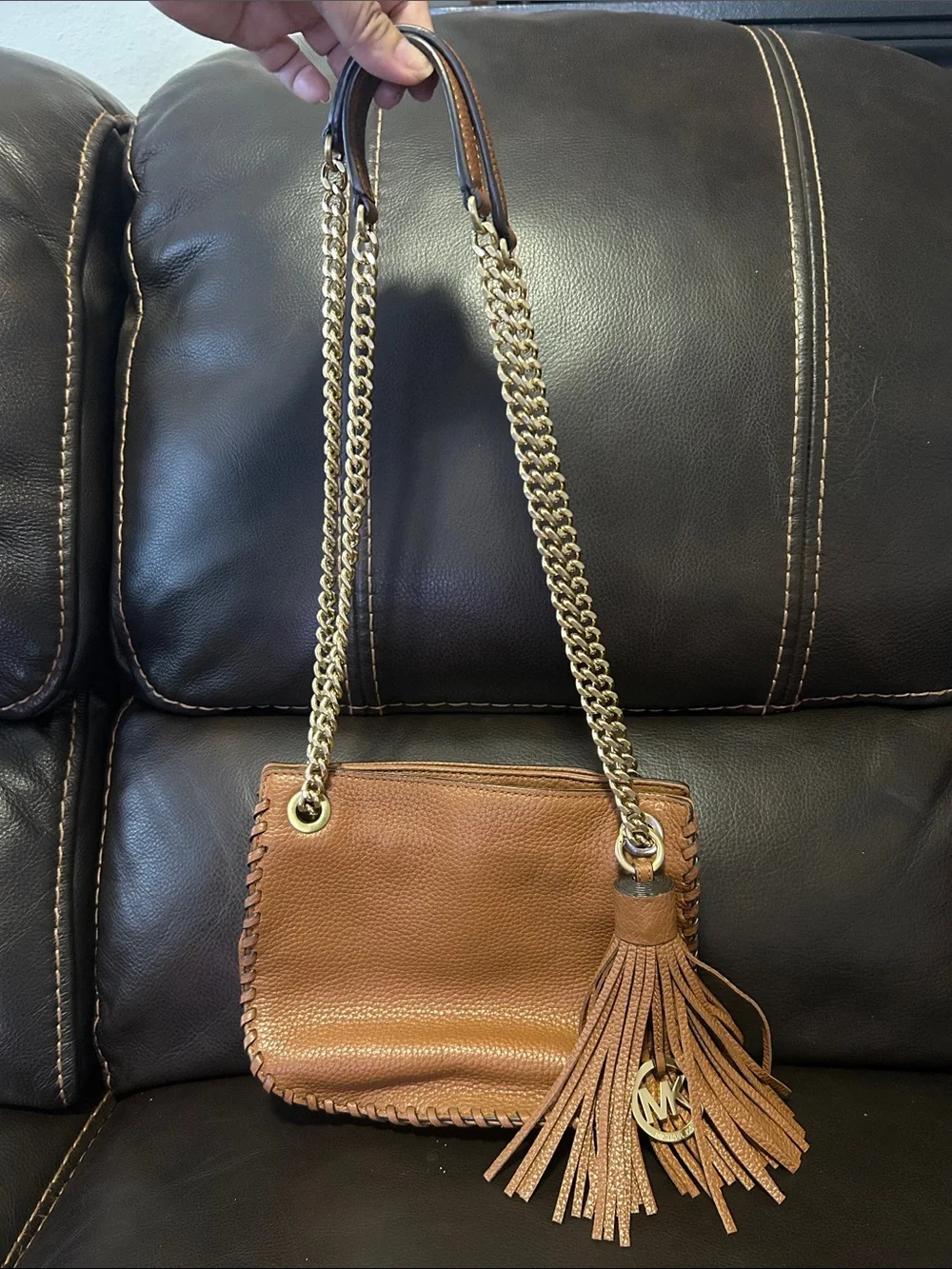 Michael Kors Tan Leather Chain Crossbody Bag with Tassel
